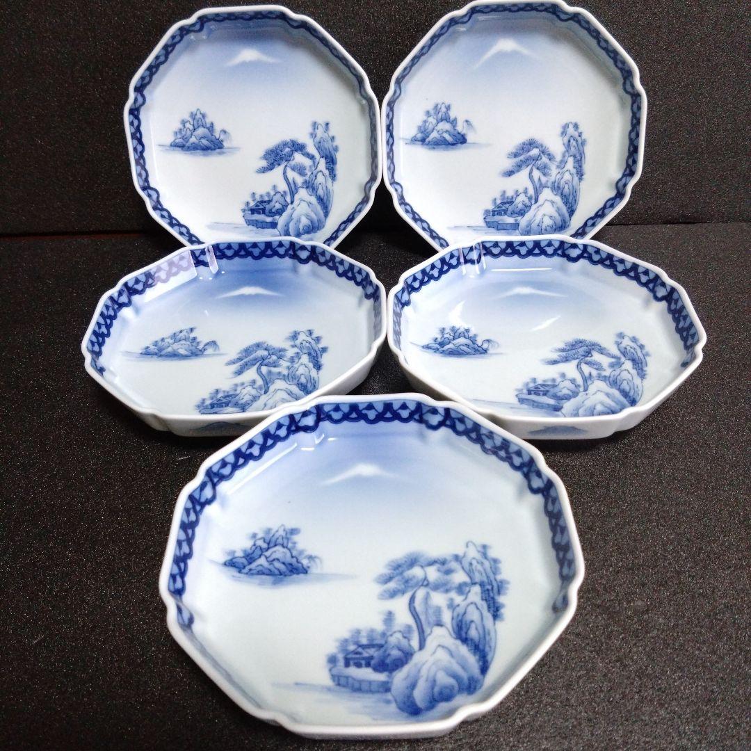 未使用 平戸聖山作 八角銘々皿5枚 山水 富士絵 縁起物　お祝い