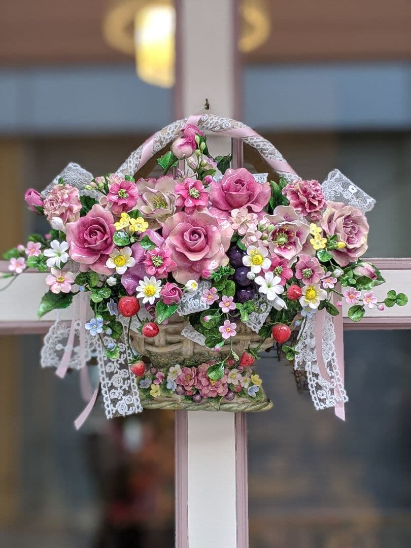 【専用】クレイフラワー❁バスケット型壁掛けフラワーアレンジ❁ハンドメイド