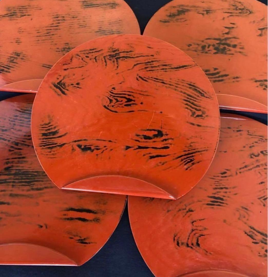 《R》根来塗 半月盆5客 膳 木製漆器 懐石 元箱　260126く1