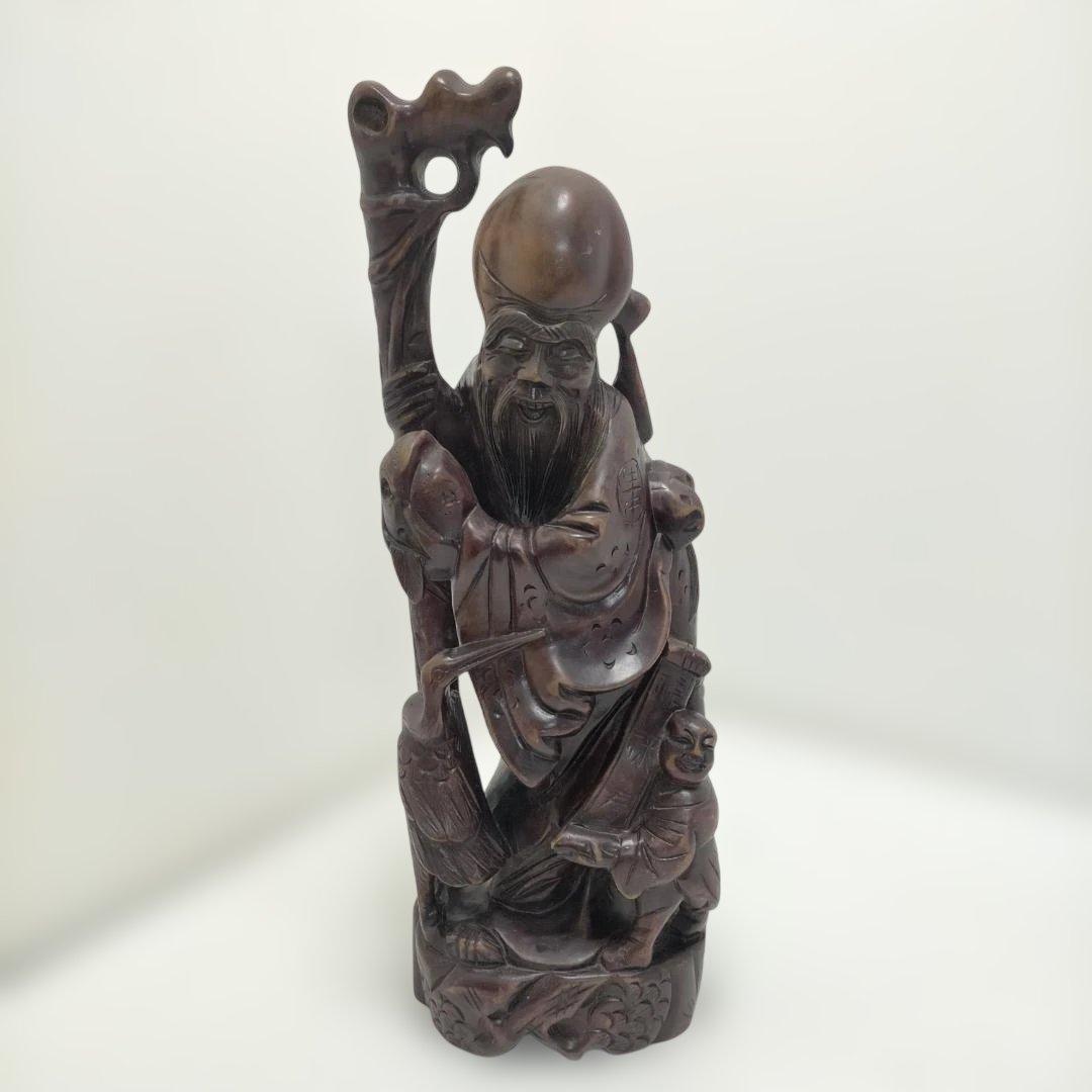 木彫り彫刻 福禄寿 置物 七福神 縁起物 和風 床の間 飾り 260115-2T