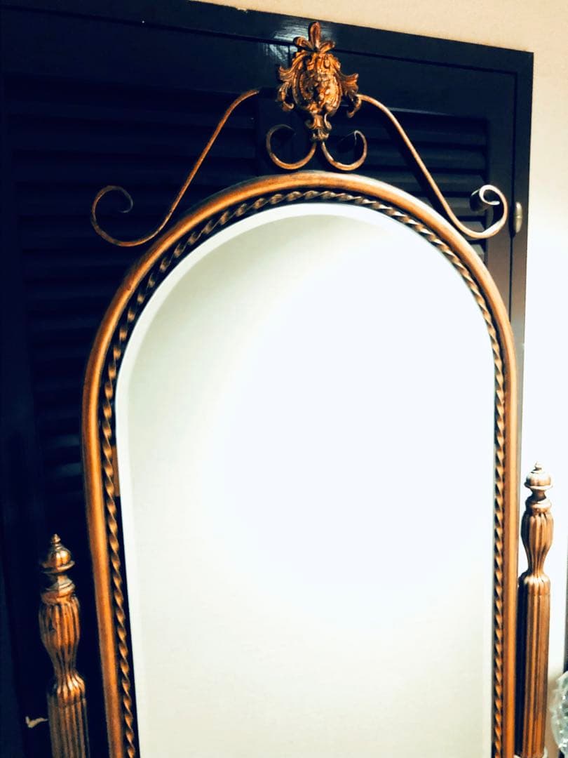 アンティーク ゴールド ロココ キャスター 立て掛け鏡 スタンドミラー 姿見