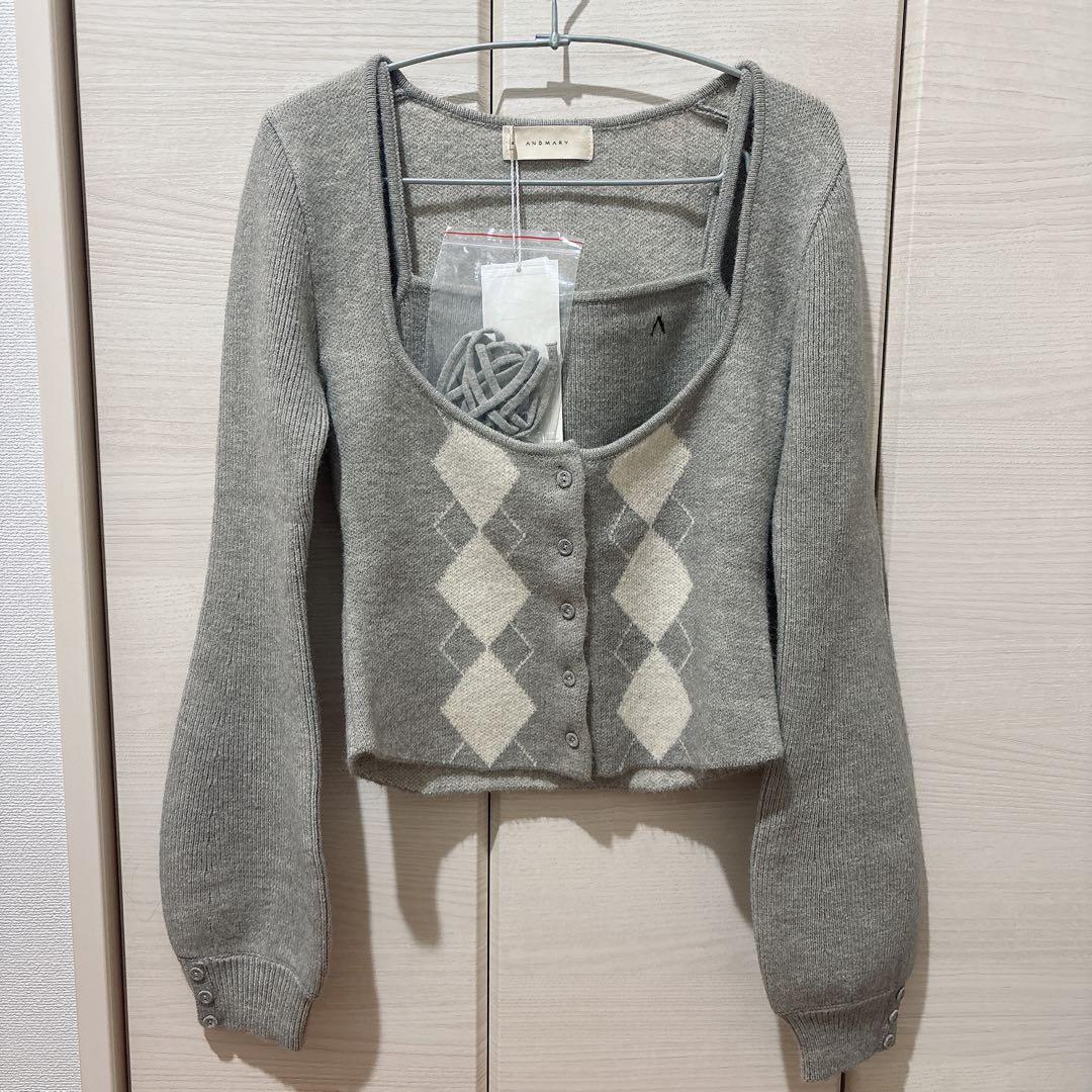トップス Argyle ribbon knit set up gray