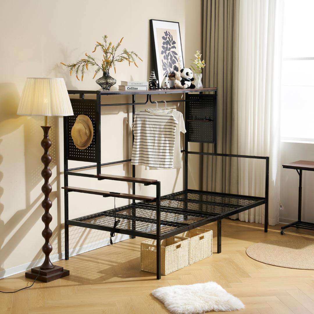 【新品】【ブラック】ロフトベッド 北欧風木目 移動デスク付き 耐震 大人用