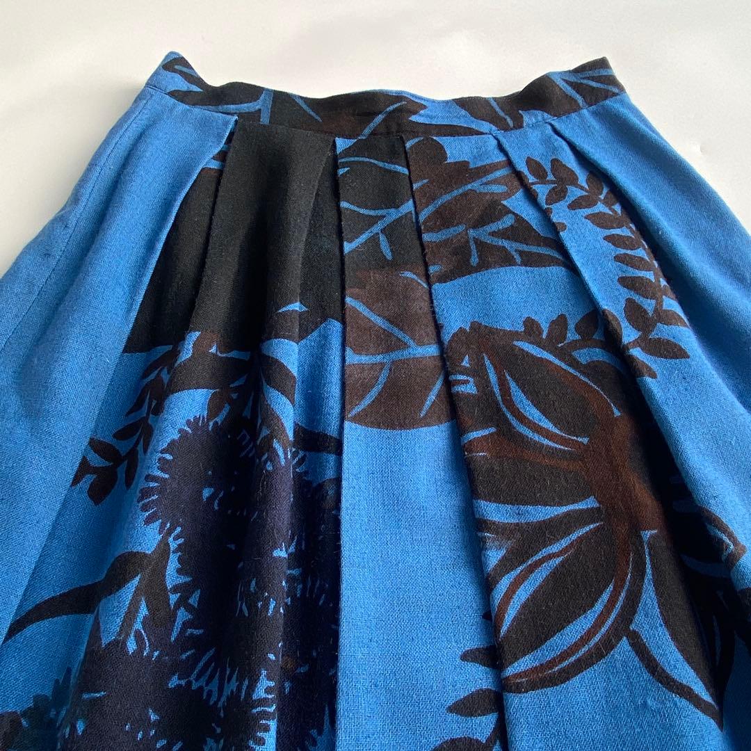 DRIES VAN NOTEN 花柄フレアスカート ブルー ウール シルク