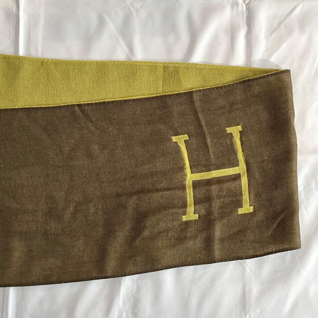 HERMES エルメス カシミヤ シルク スカーフ ストール グリーン Hロゴ