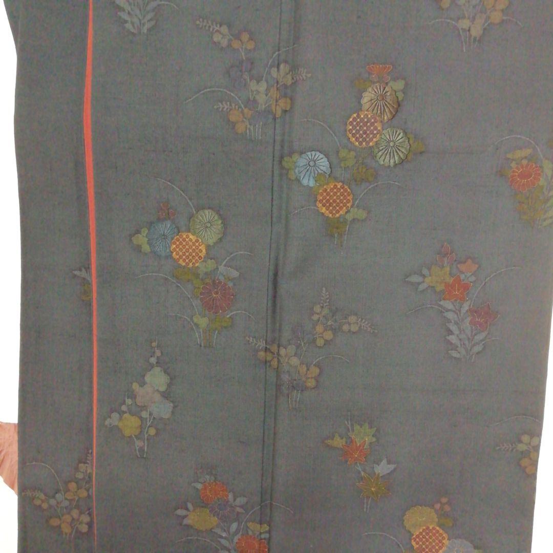 ❮未使用❯結城紬付け下げ▪限りなく紺色に近いグリーン地に小花模様肩身丈162.5