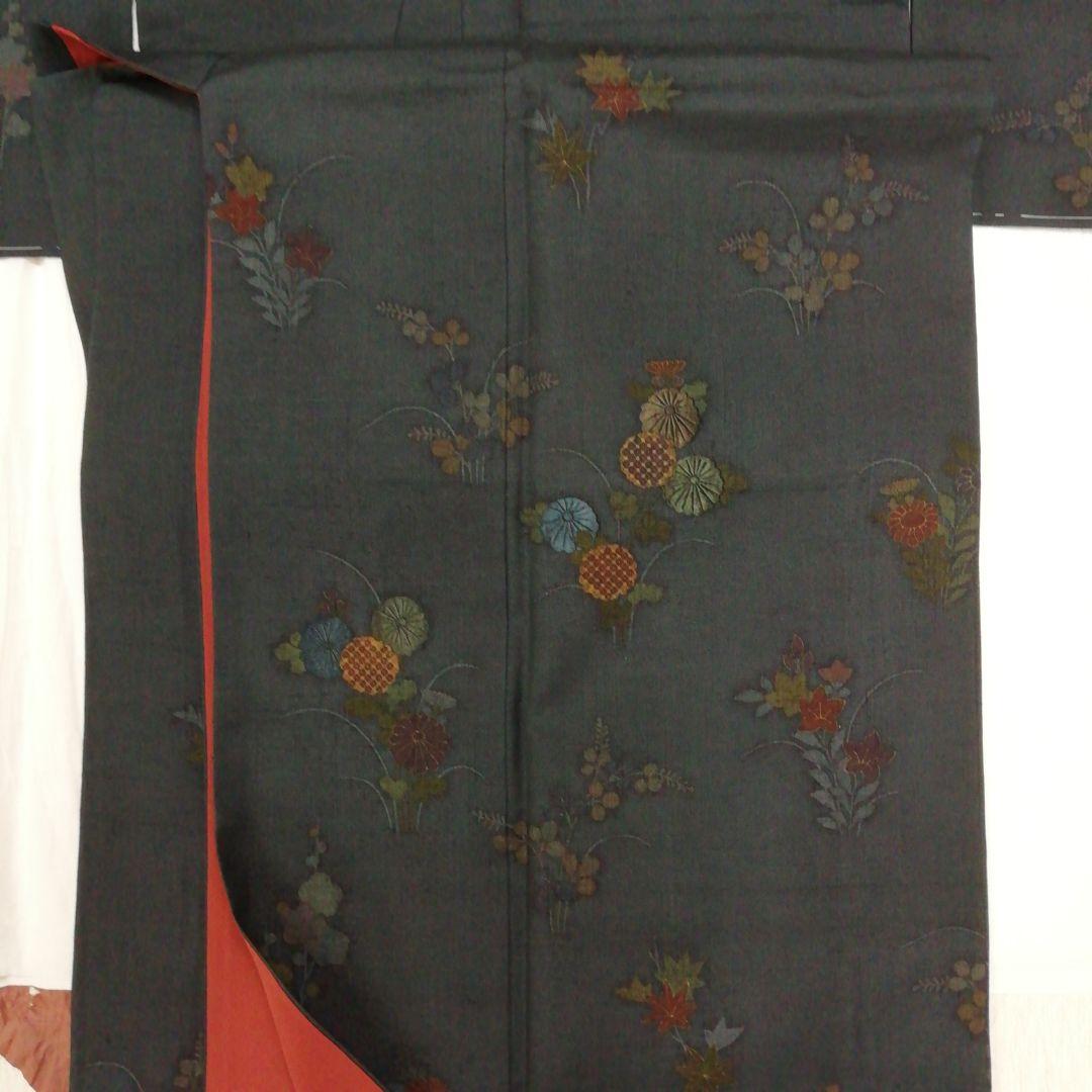 ❮未使用❯結城紬付け下げ▪限りなく紺色に近いグリーン地に小花模様肩身丈162.5
