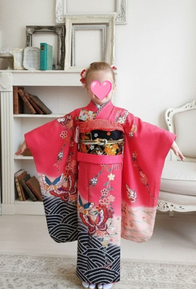 本格的☆正絹☆赤ピンクの着物に黒の袋帯