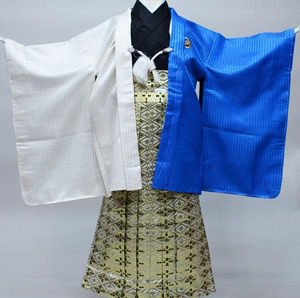 七五三 五歳 男児 羽織袴フルセット おりびと 家紋入り 青×白 NO34467