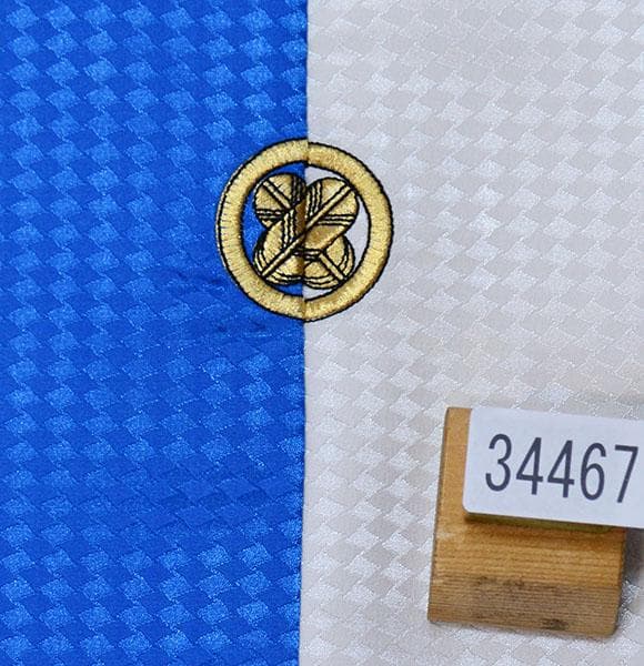 七五三 五歳 男児 羽織袴フルセット おりびと 家紋入り 青×白 NO34467