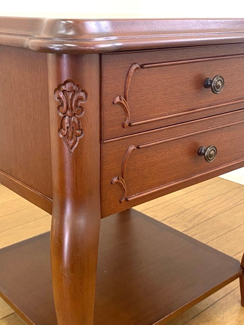 美品 アンティーク調 彫刻 ベッド サイドテーブル チェスト コンソール 引出し