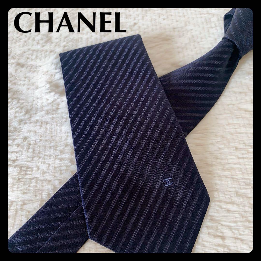 極美品✨CHANEL シャネル 現行品ココマーク ストライプ ネクタイ ネイビー