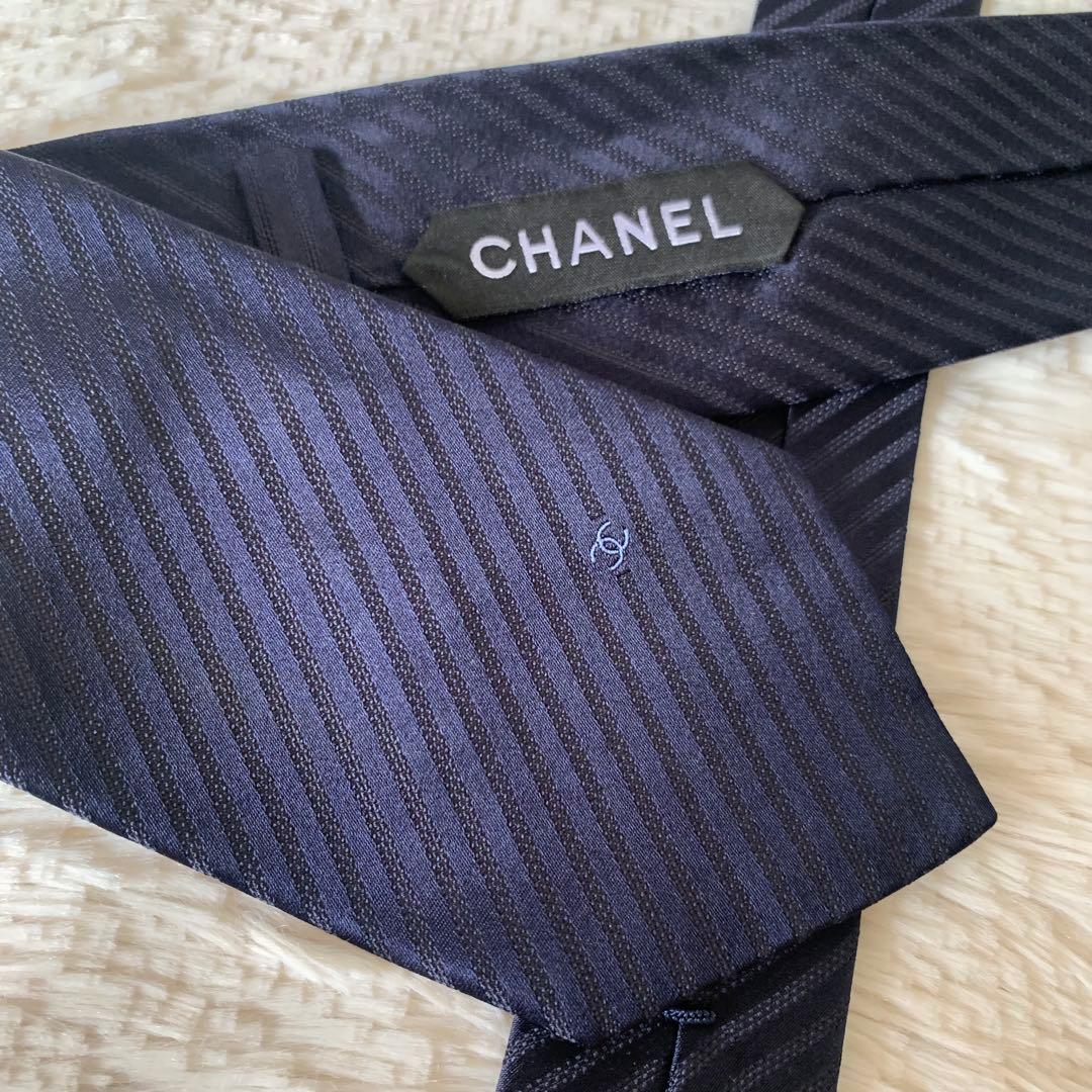 極美品✨CHANEL シャネル 現行品ココマーク ストライプ ネクタイ ネイビー