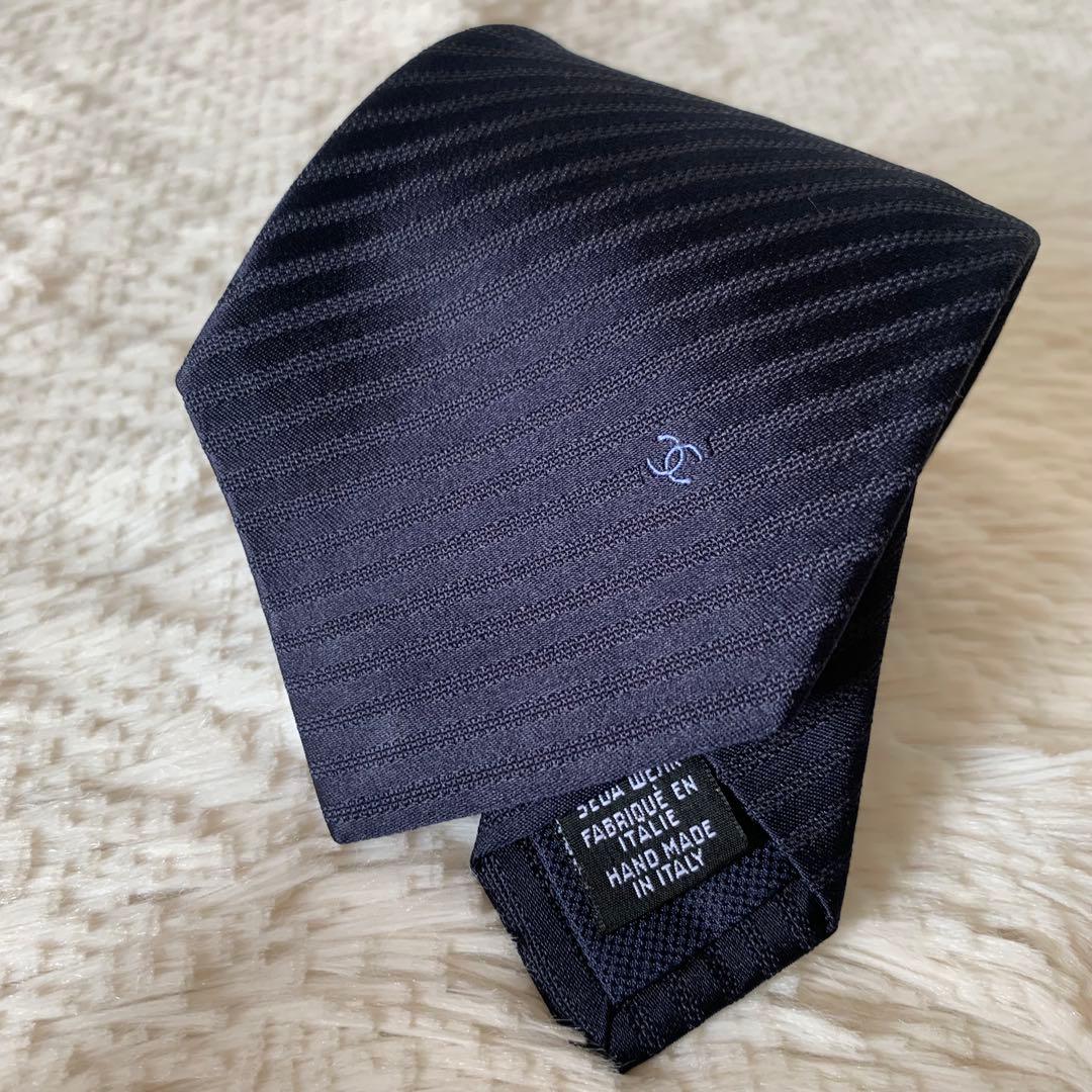 極美品✨CHANEL シャネル 現行品ココマーク ストライプ ネクタイ ネイビー