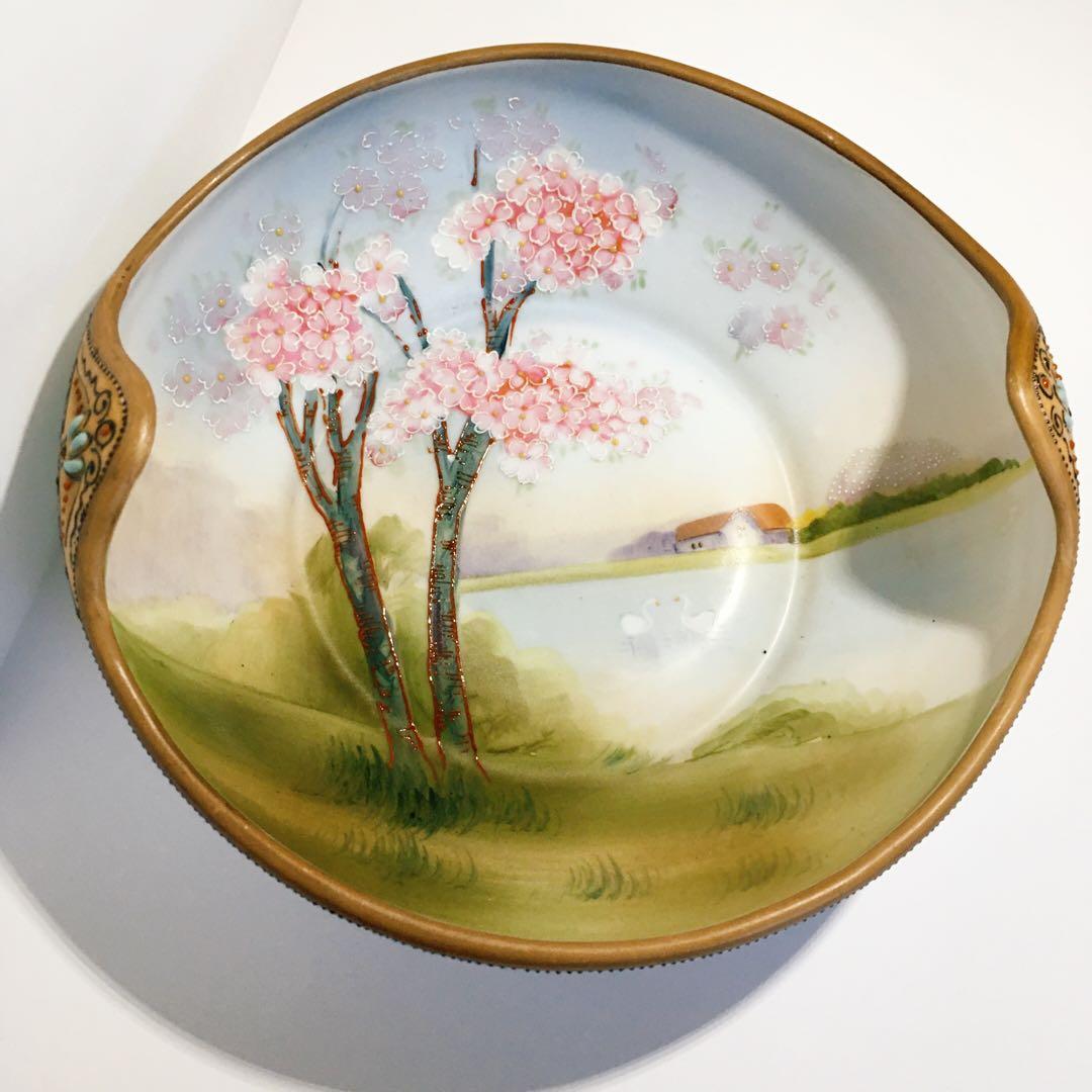 桜　湖畔　白鳥　オールドノリタケ　飾り皿　中皿　食器　ノリタケ　アンティーク