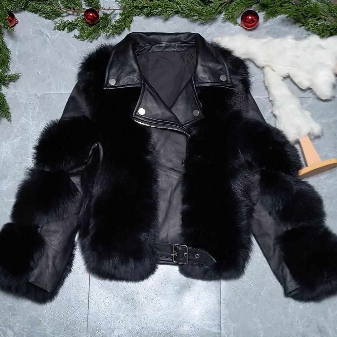 フォックスファー付き リアルレザー ライダースジャケット 黒 極美品