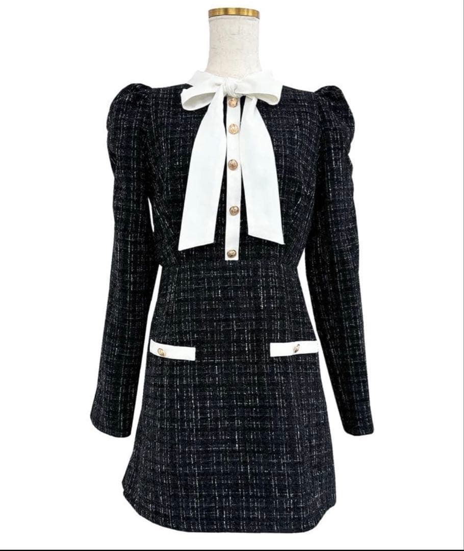 ロゼミューズ ribbon tie tweed mini onepiece M