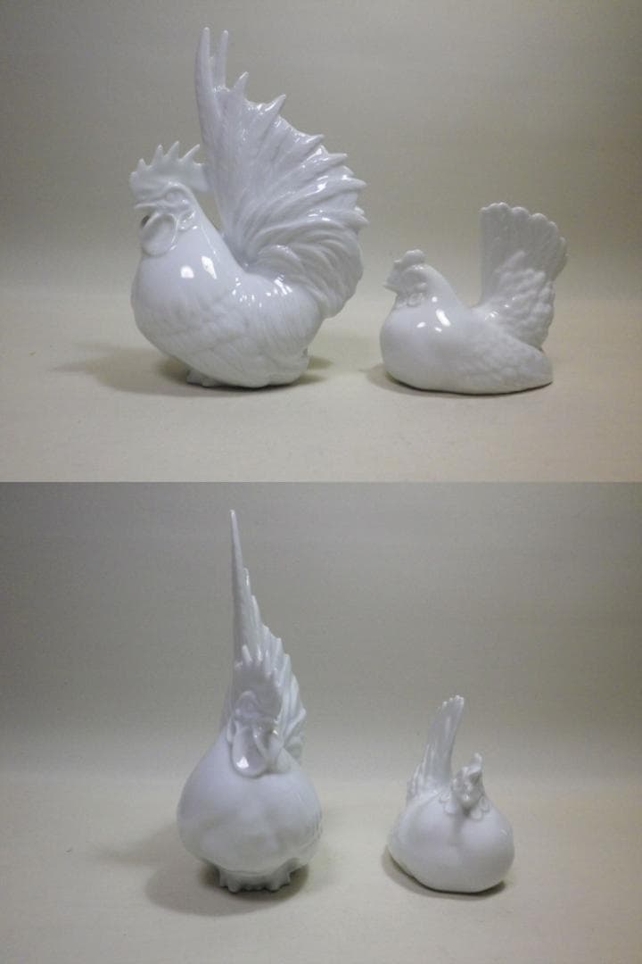 鍋島　白磁　夫婦鶏置物