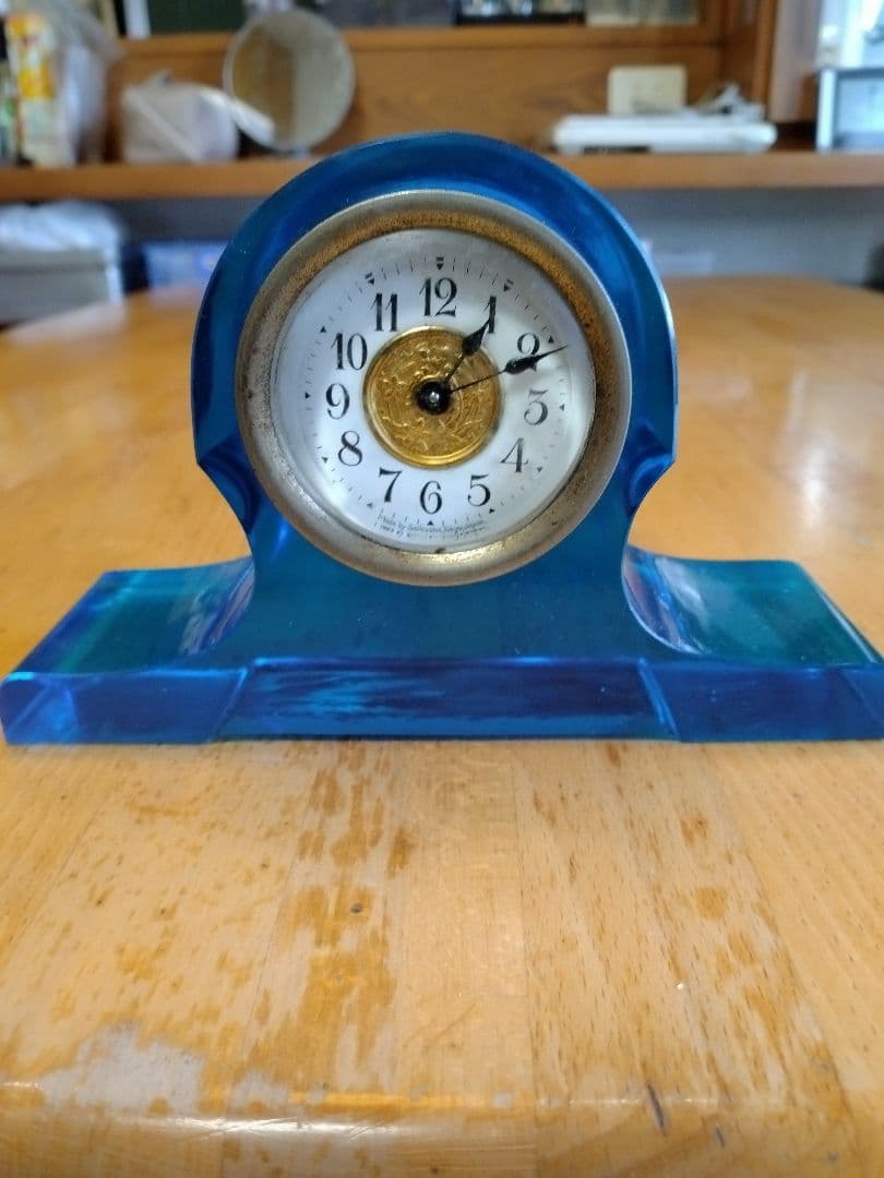 精工舎　青いウランガラス　置時計　ヴィンテージ　稼動品　ゼンマイ式