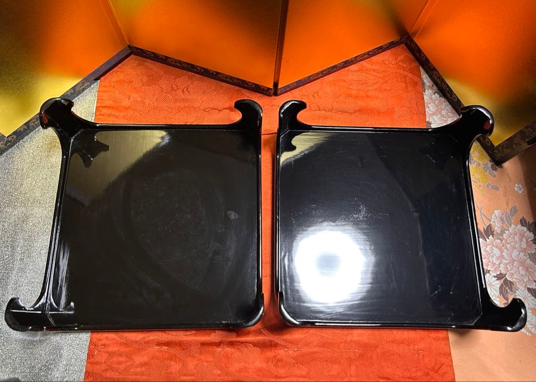 黒漆器　脚付膳　十二膳　お櫃　盆四枚　布着　木箱　明治時代　法事