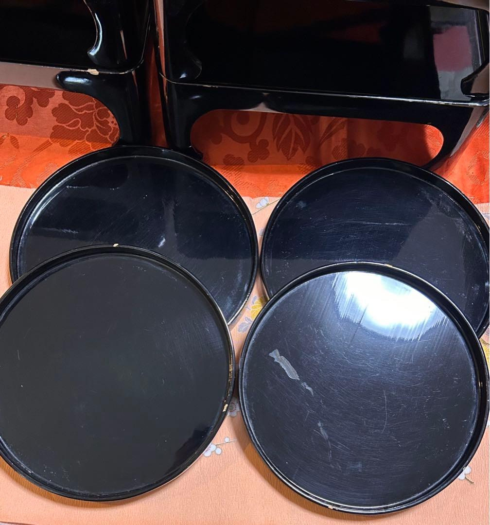 黒漆器　脚付膳　十二膳　お櫃　盆四枚　布着　木箱　明治時代　法事