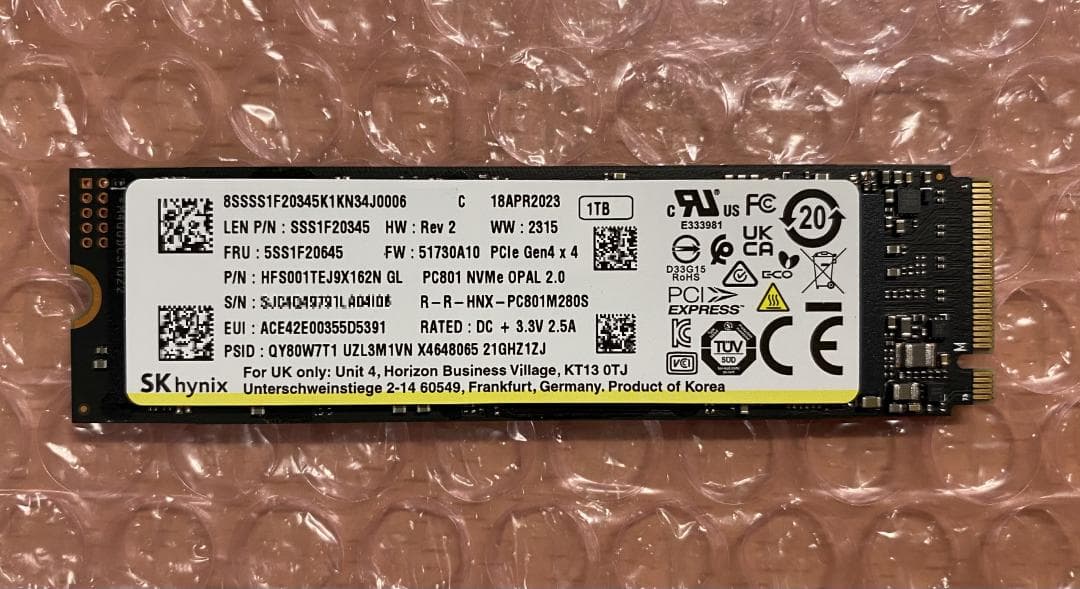 ほぼ未使用 SK Hynix PC801 1TB NVMe M.2 SSD