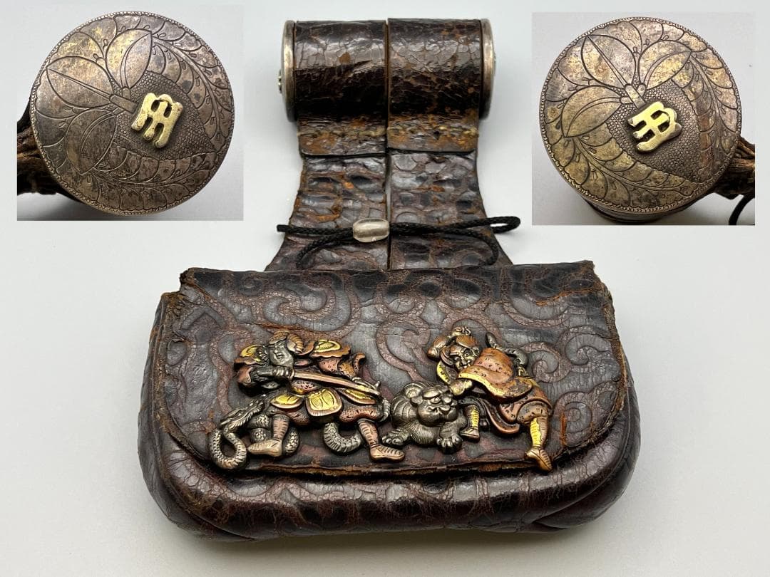 希少　早道　薬入　龍虎武士図　金銀象嵌　手彫　大金具　煙草　墨入れ　江戸明治期