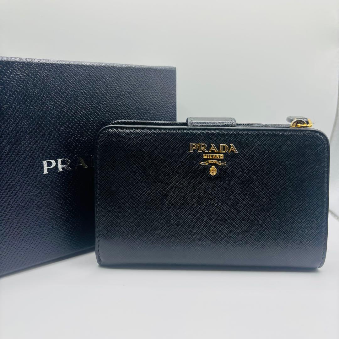 希少◎ PRADA プラダ サフィアーノ レザー 折り財布 ブラック ロゴ