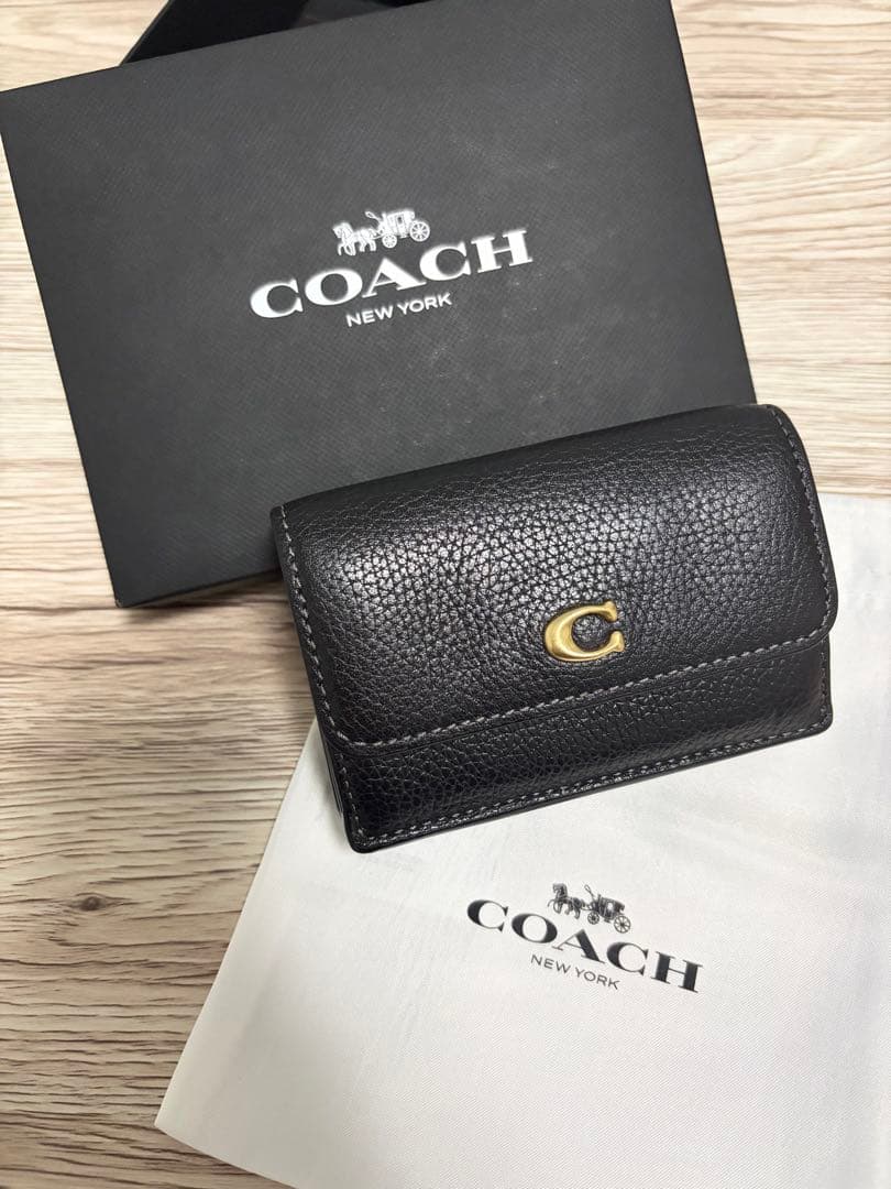 COACH ミニトライフォールド 黒 レザー 三つ折り財布