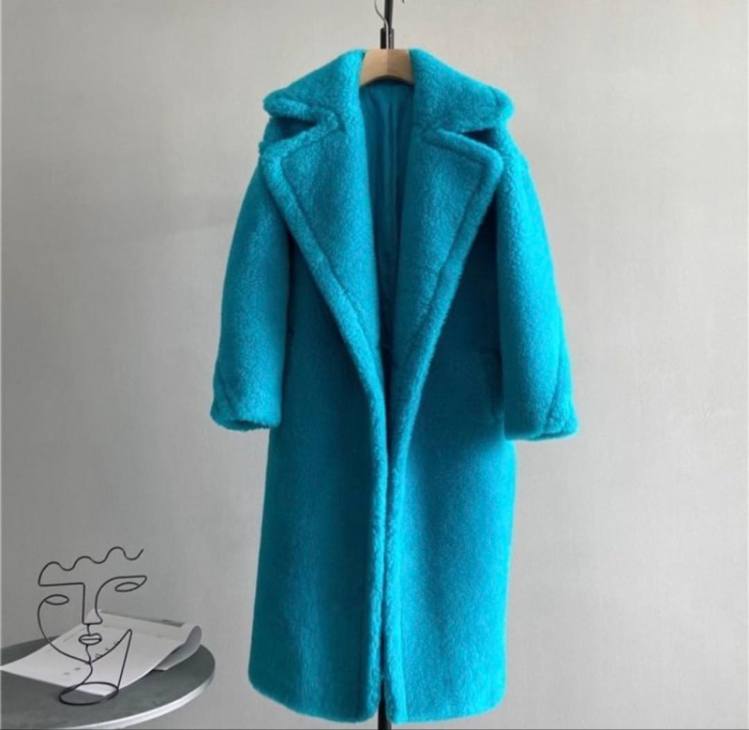 青色 フリース風 オーバーサイズロングコート