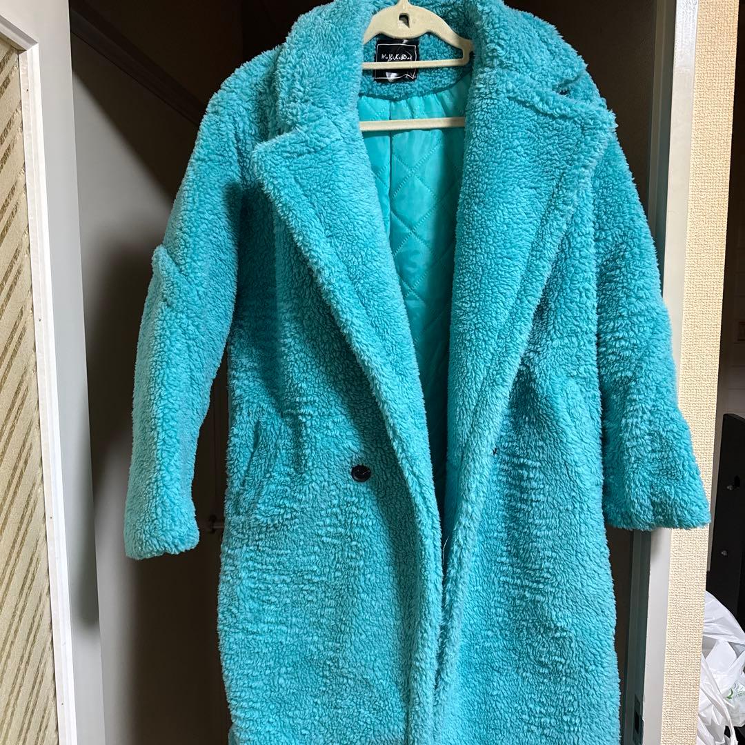 青色 フリース風 オーバーサイズロングコート