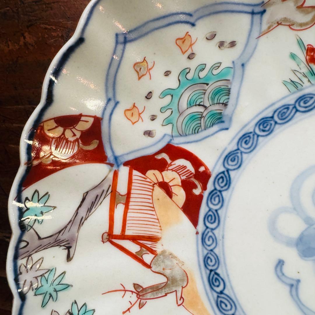 空一月-星様用 伊万里赤絵輪花皿 波千鳥鹿文一枚　伊万里　金彩色絵草花文一枚