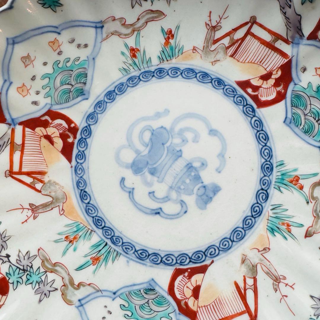 空一月-星様用 伊万里赤絵輪花皿 波千鳥鹿文一枚　伊万里　金彩色絵草花文一枚