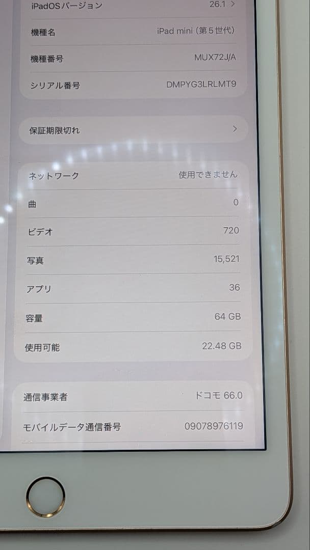 【セルラー】iPad mini 5 64GB ゴールド docomo 本体のみ