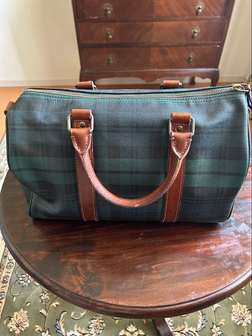 ポロ ラルフローレン ボストンバッグ チェック柄 レザー ダークグリーン