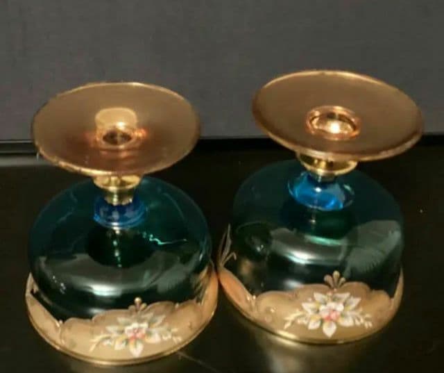 ベネチアンガラス　2客金色とブルーのエレガントなデザインの手描き花柄グラス　①②