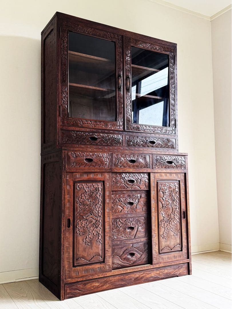 Icchodo 軽井沢彫 桜 彫刻 時代 カップボード　（トップパーツのみ）