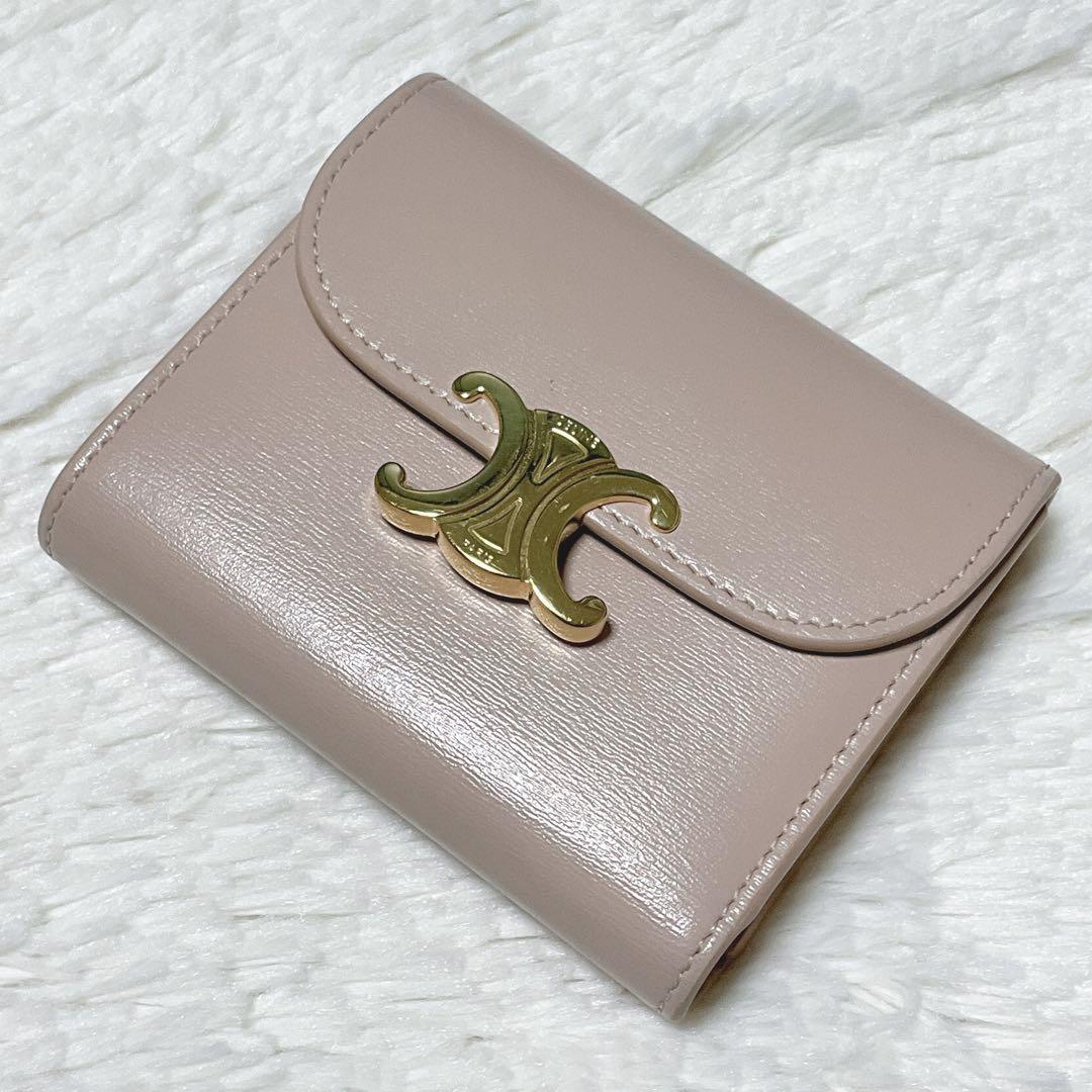 美品♡正規品♡セリーヌ 三つ折り トリオンフ スモールウォレット レザー ピンク