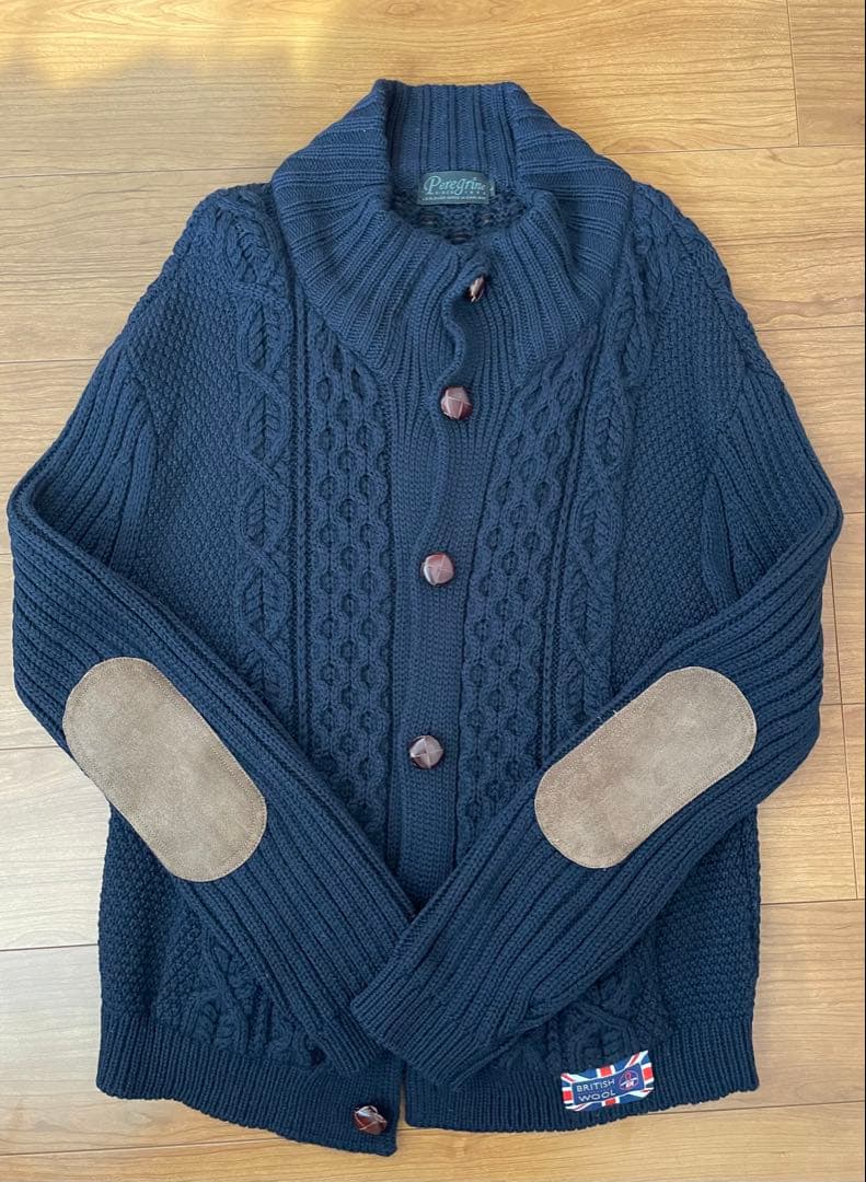 peregrineペレグリン ネイビー ケーブル編み 古着カーディガン　メンズL
