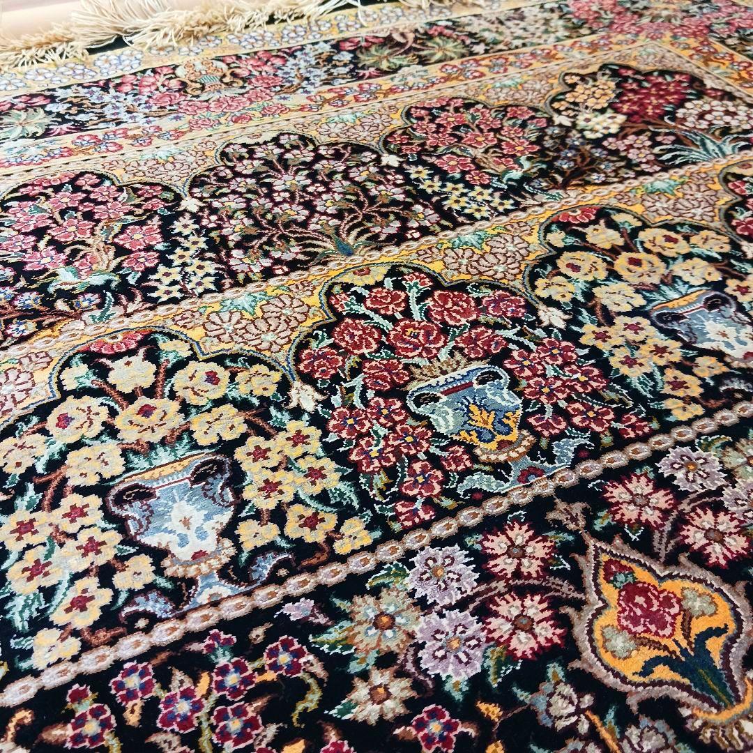 Y3324 ペルシャ絨毯 クム 工房サイン有 シルク100％ 手織121万ノット