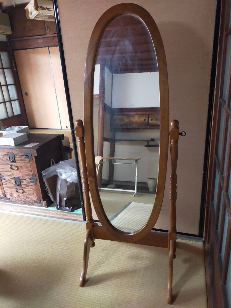 ナチュラルウッド楕円形スタンドミラー