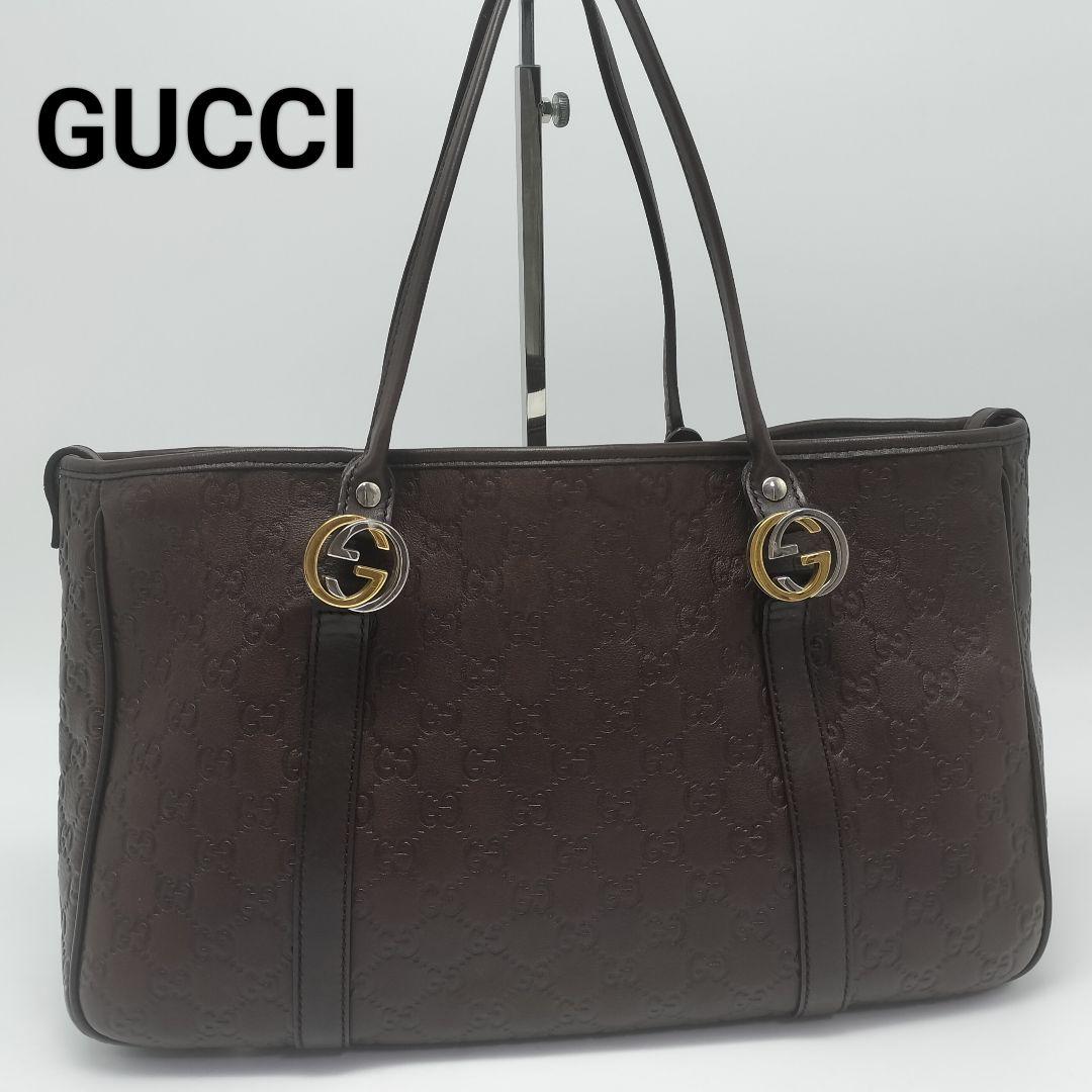 極美品✨グッチ　トートバッグ　シマレザー　ダークブラウン　GG柄