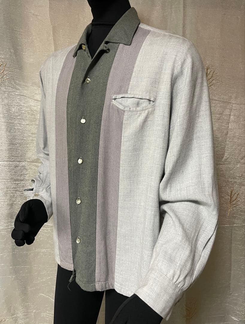 50's Dr Vinci グレー×ライトグレー　ストライプレーヨンシャツ