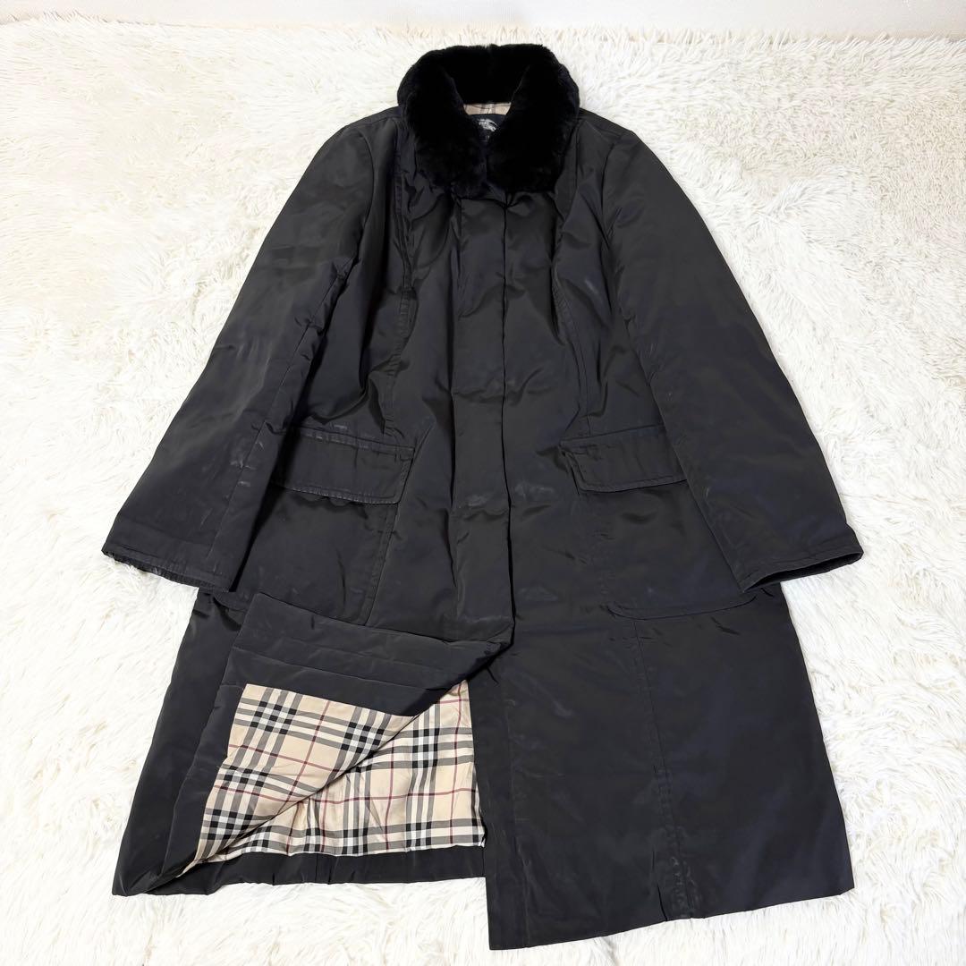 2XLサイズ バーバリー ノバチェック ロングダウンコート ラビットファー 黒
