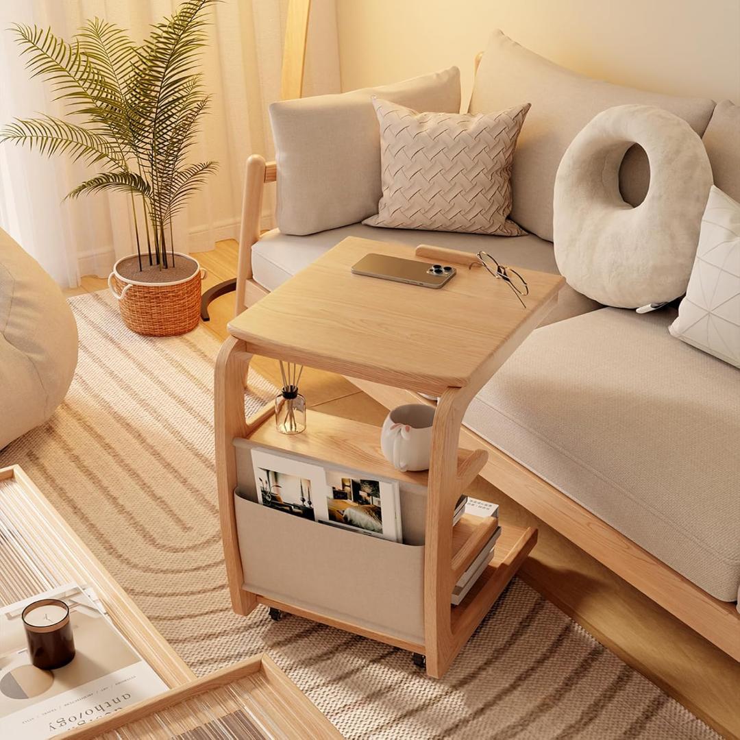 【28％引き】Mangowood サイドテーブル 天然木製 キャスター付き