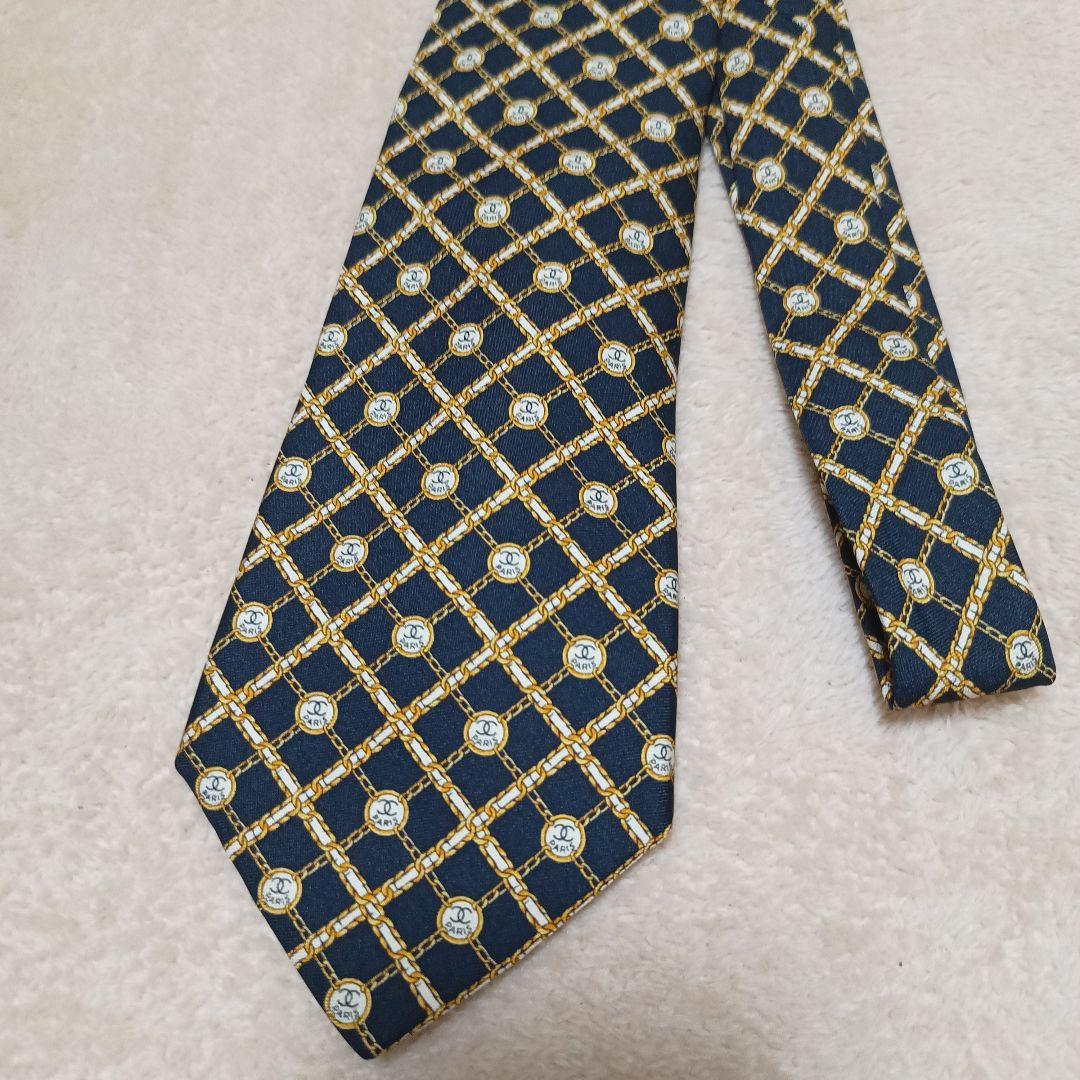 【美品】CHANEL・シャネル・ネクタイ・チェーン・ココマーク・ブラック総柄