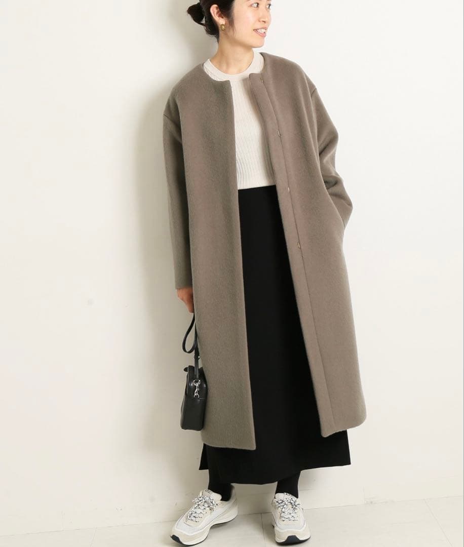 【美品】 IENA イエナ ラムウール ノーカラーロングコート チャコールグレー