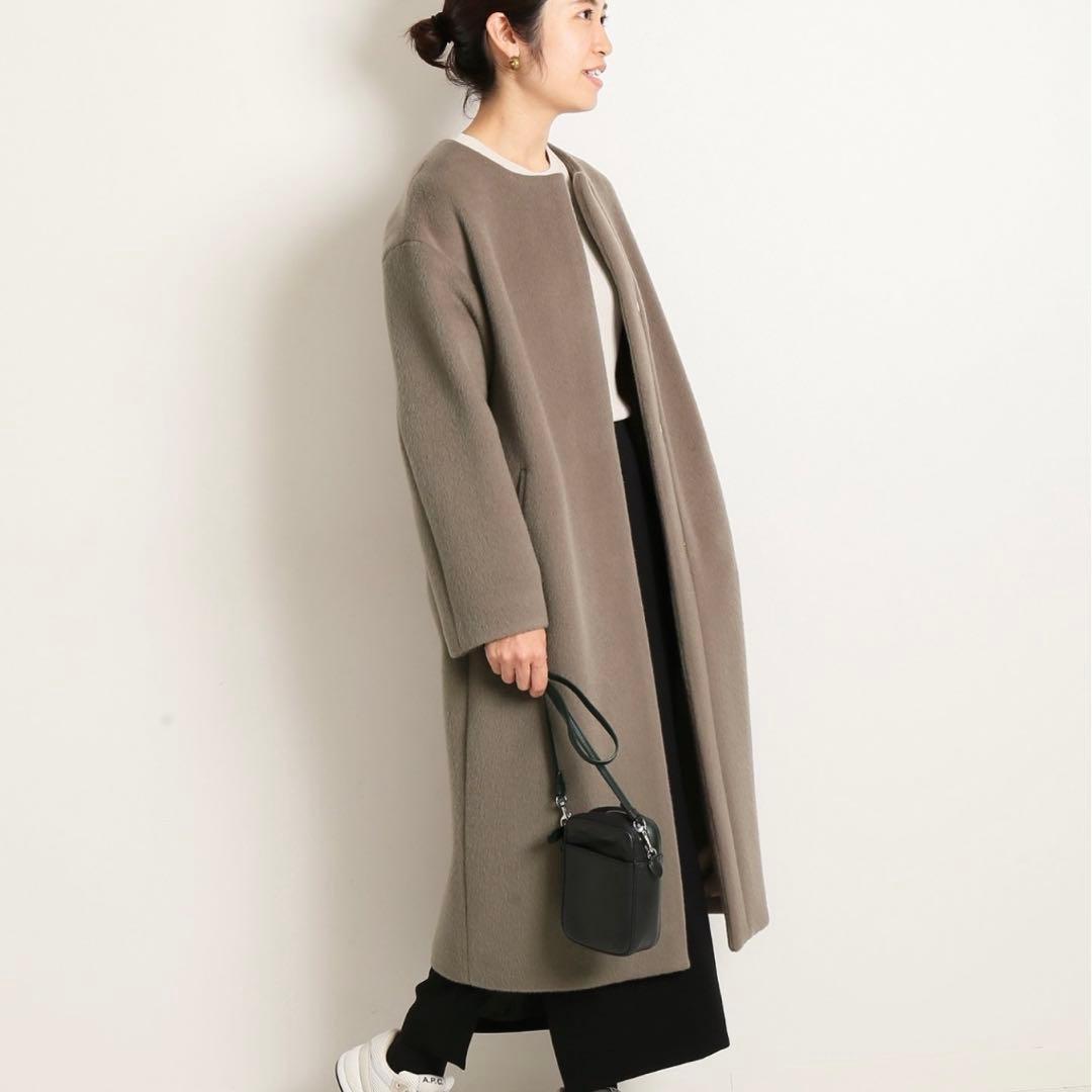 【美品】 IENA イエナ ラムウール ノーカラーロングコート チャコールグレー