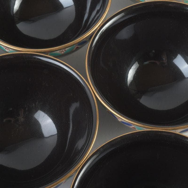 茶道具　京焼　平安　紫雲造　色絵　黒仁清七宝文　数茶碗　六客　V　9471