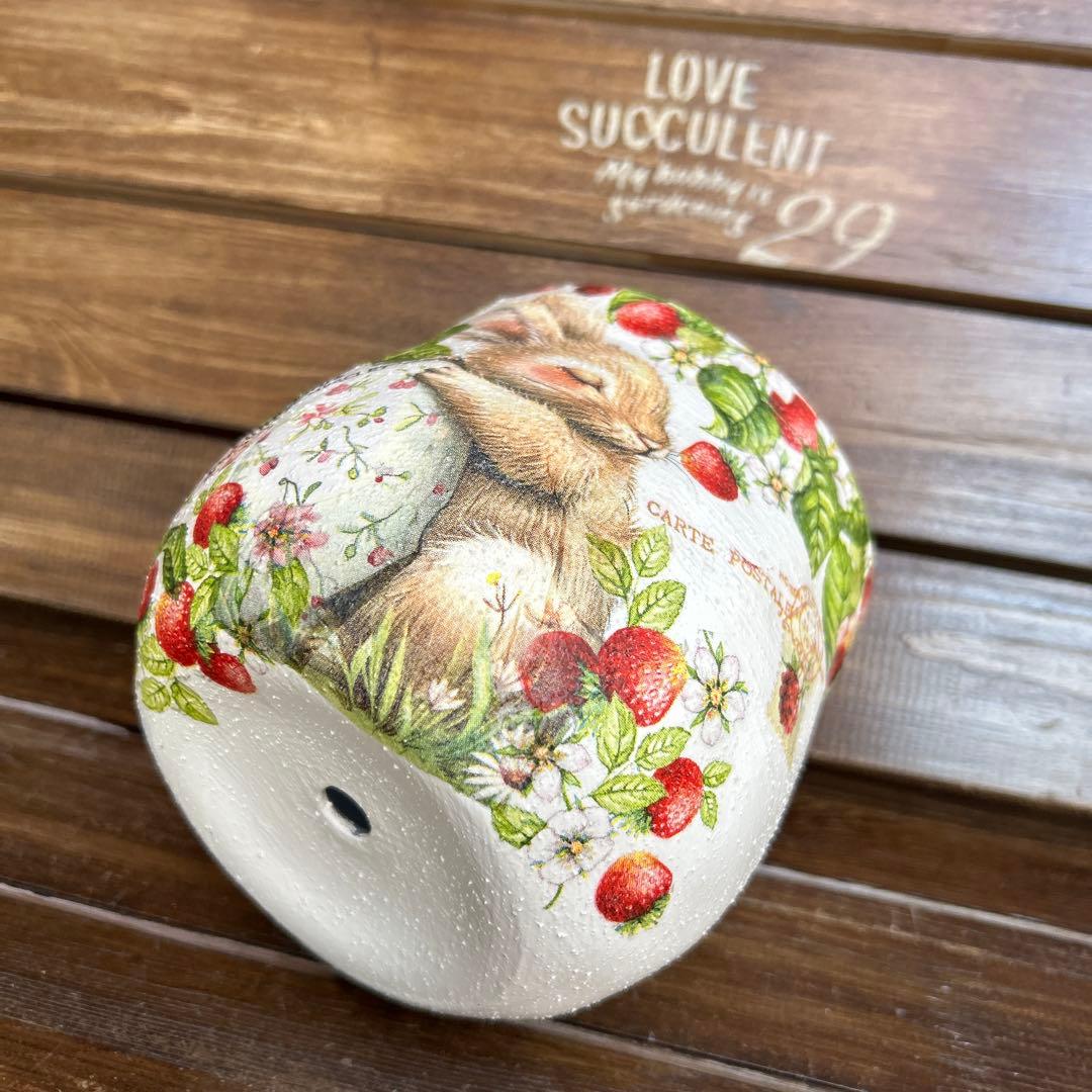 Yoさまご購入済　4号ふっくら丸鉢 白色たまごを抱いたうさぎさん といちご